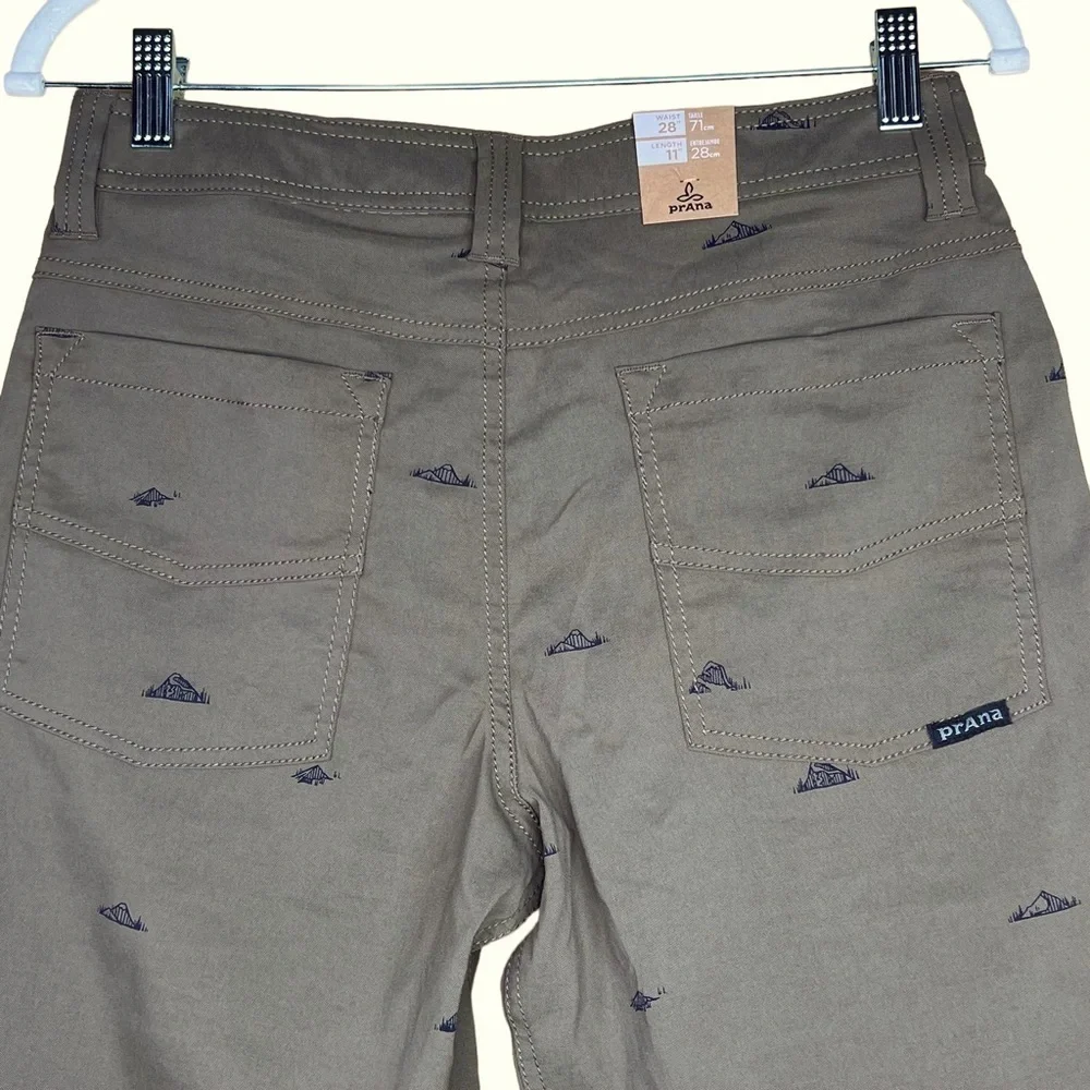 Prana Men’s Brion Olive Green Nylon Shorts With Mountain Print Size 28 X…